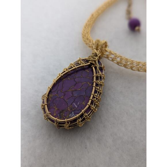 Purple copper stone pendant Wire wrapped Viking knit Hook clasp chain +earrings - Picture 6 of 6